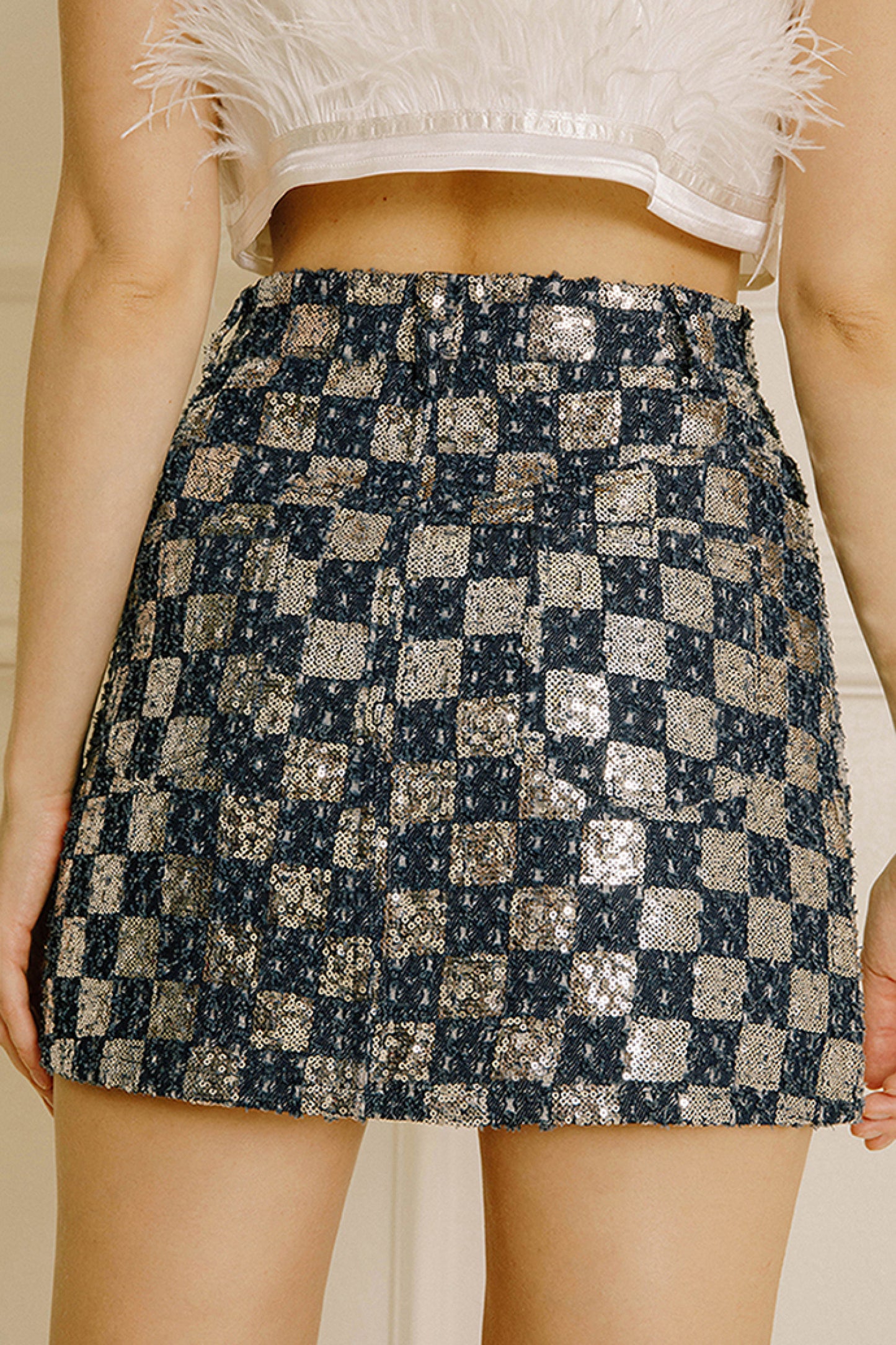 Sequin Checkered Denim Mini Skirt