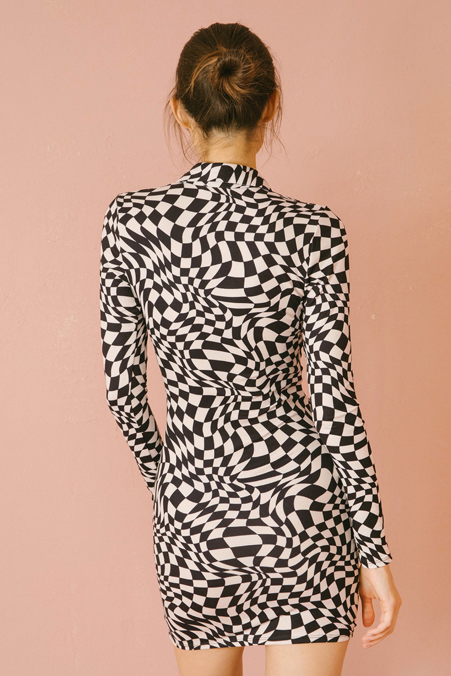 Black & White Asymmetric Checker Long Sleeve Bodycon Mini Dress