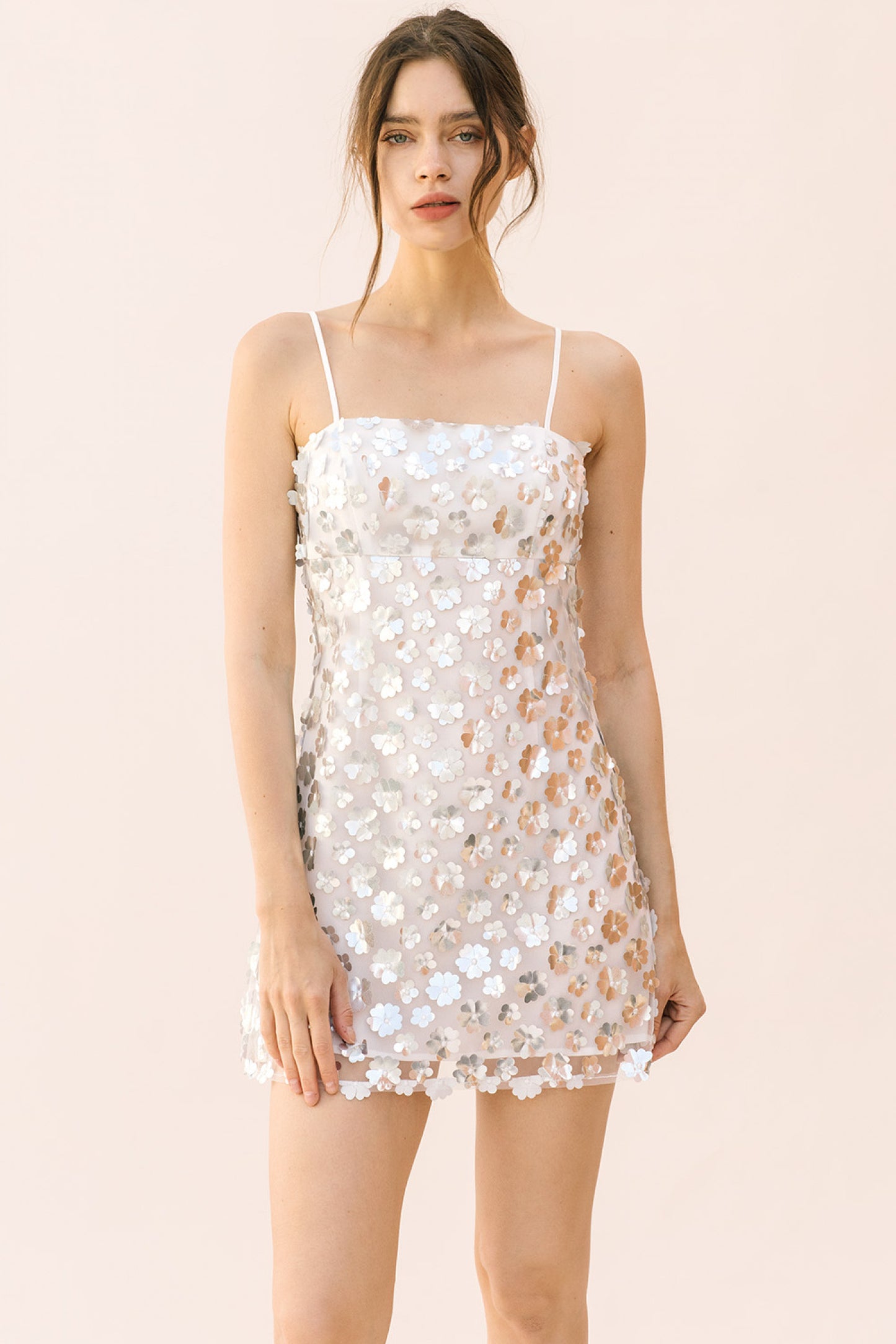 White and 3-D Metallic Daisy Mini Dress