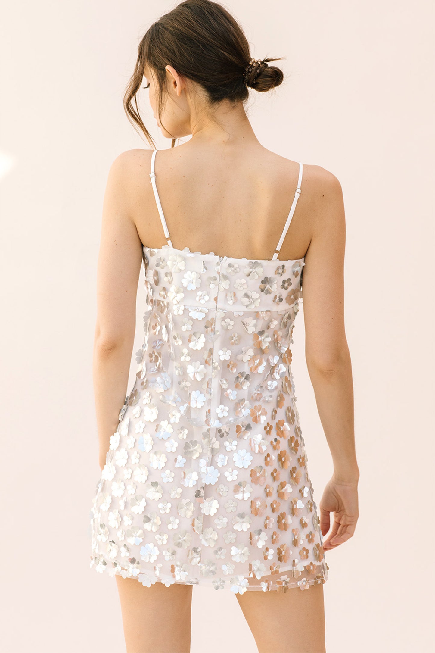 White and 3-D Metallic Daisy Mini Dress