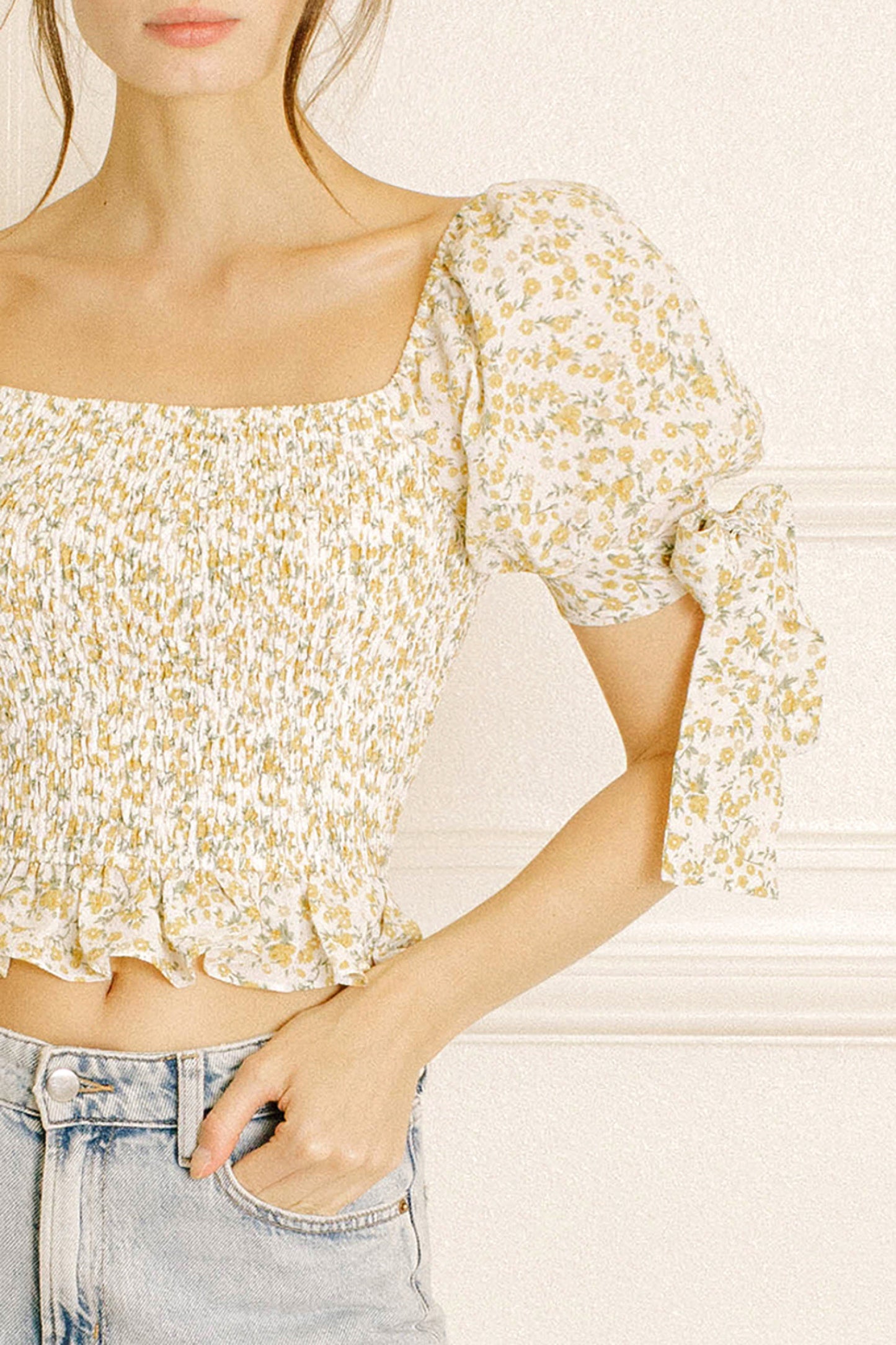 Ivory Mustard Floral Print Puff Sleeve Top