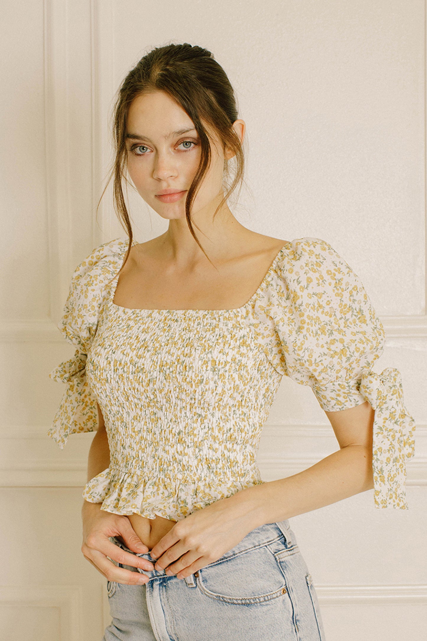 Ivory Mustard Floral Print Puff Sleeve Top