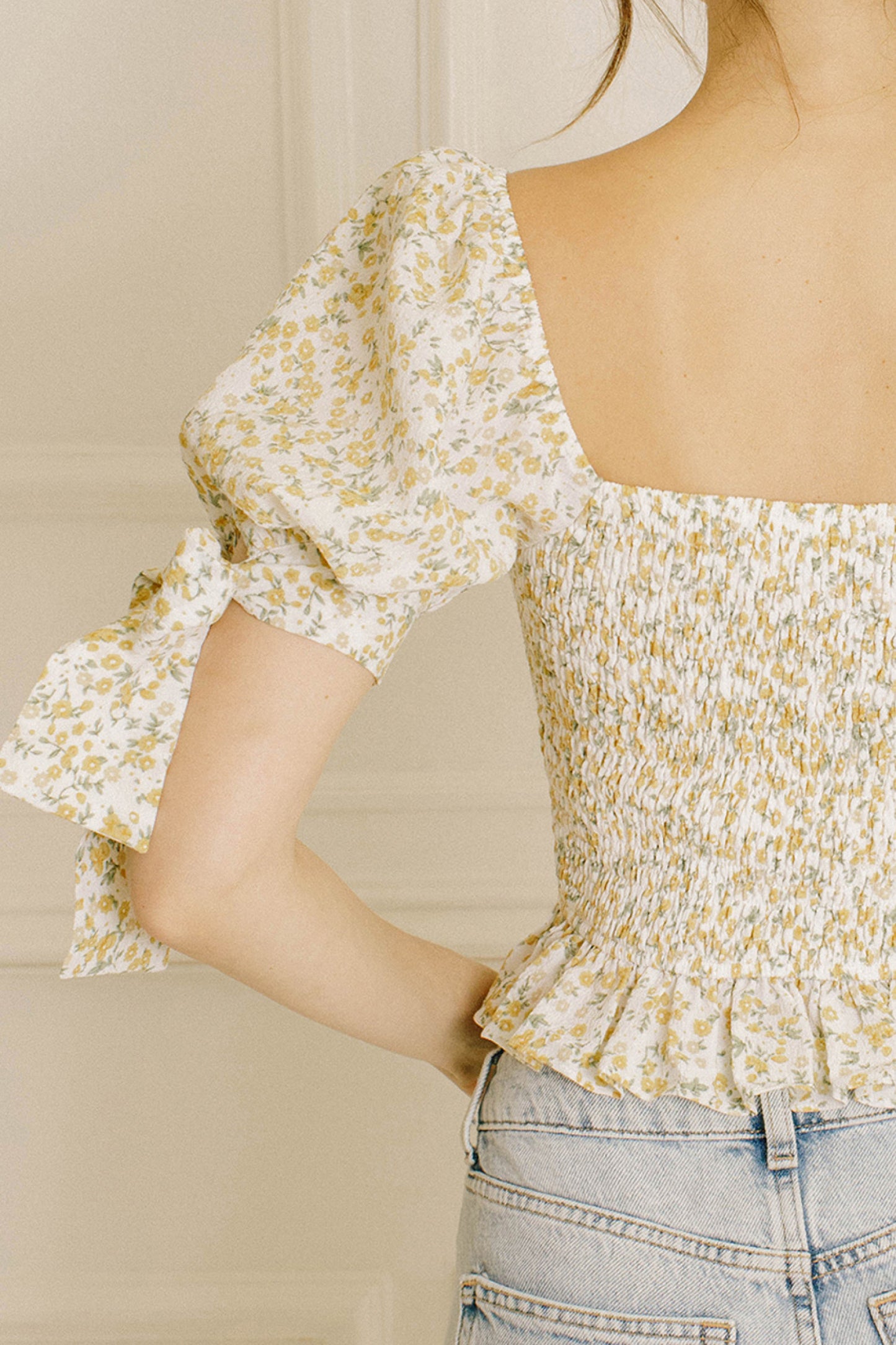 Ivory Mustard Floral Print Puff Sleeve Top